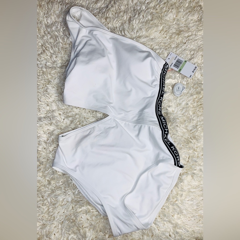 Michael Kors White One Shoulder Side Cutout Logo Swimsuit Size 8 Nwt